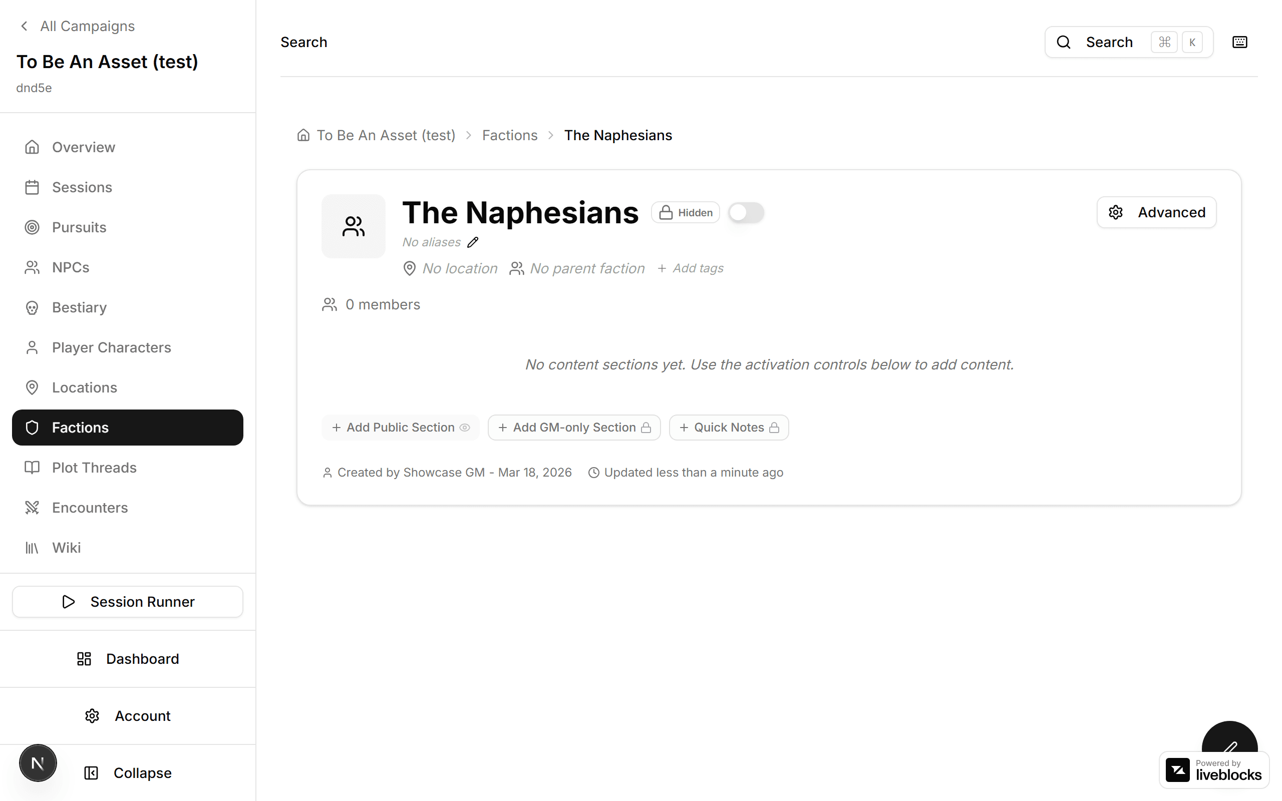Faction detail page with members and relationships