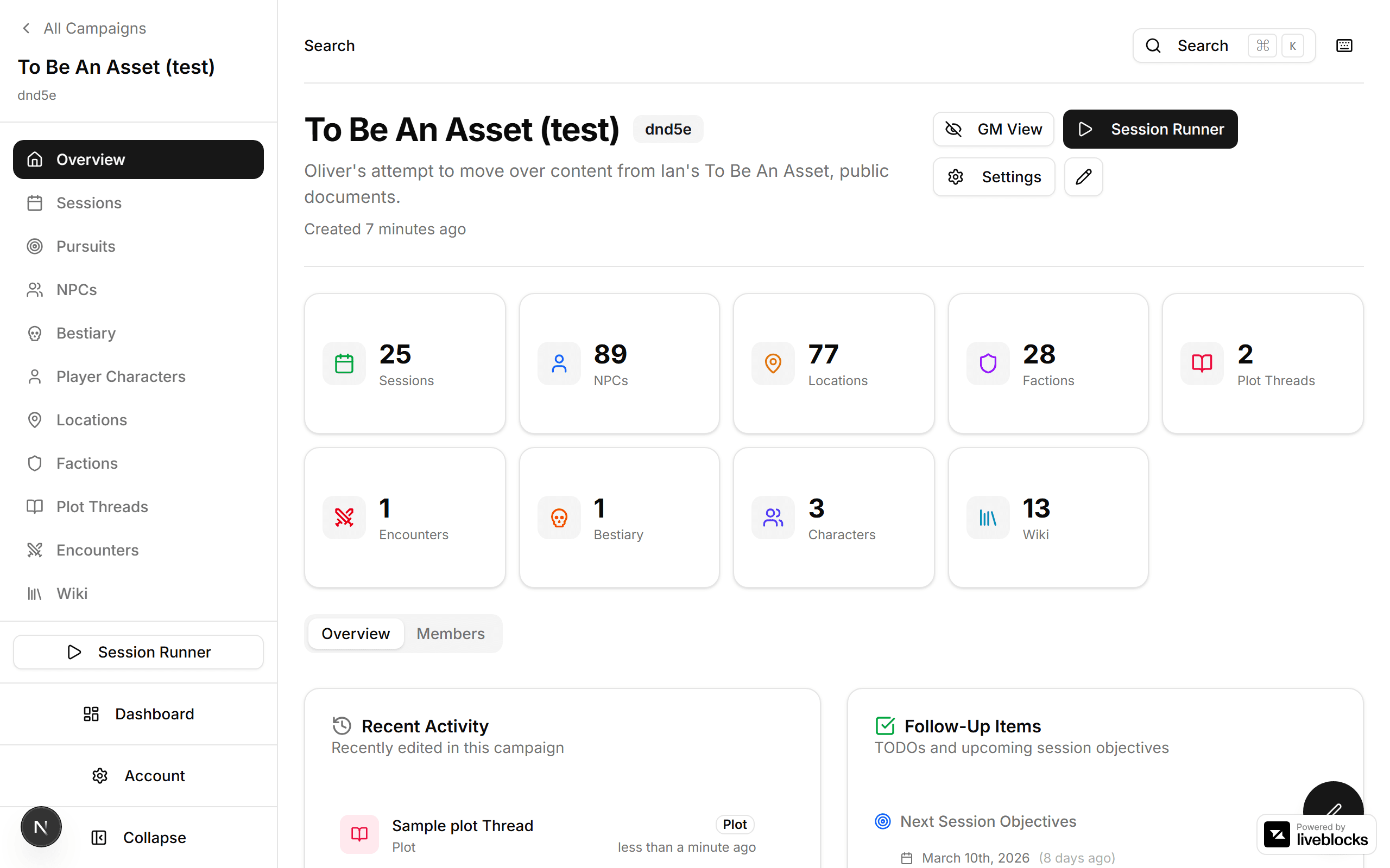 Campaign dashboard showing entity lists and quick actions