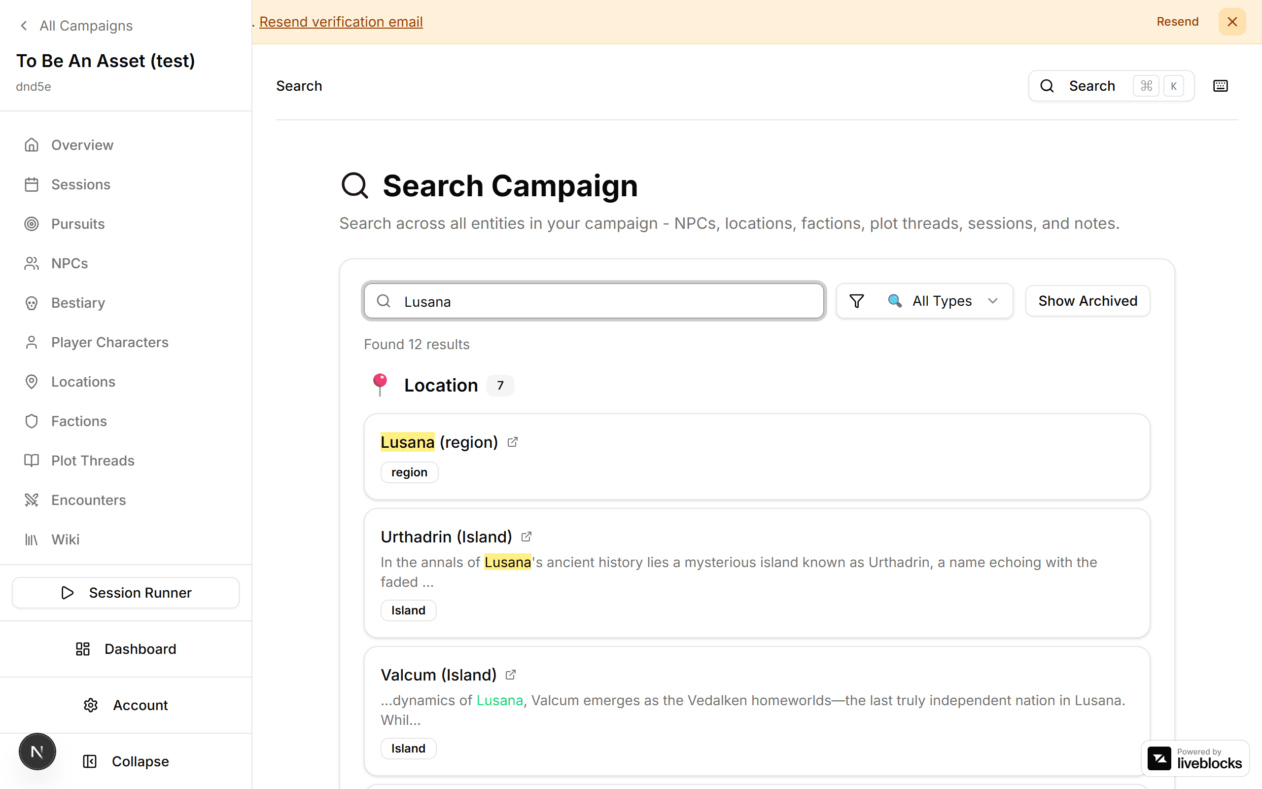 Universal search results across all campaign entities
